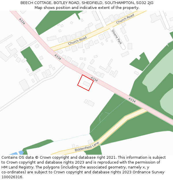 BEECH COTTAGE, BOTLEY ROAD, SHEDFIELD, SOUTHAMPTON, SO32 2JG: Location map and indicative extent of plot