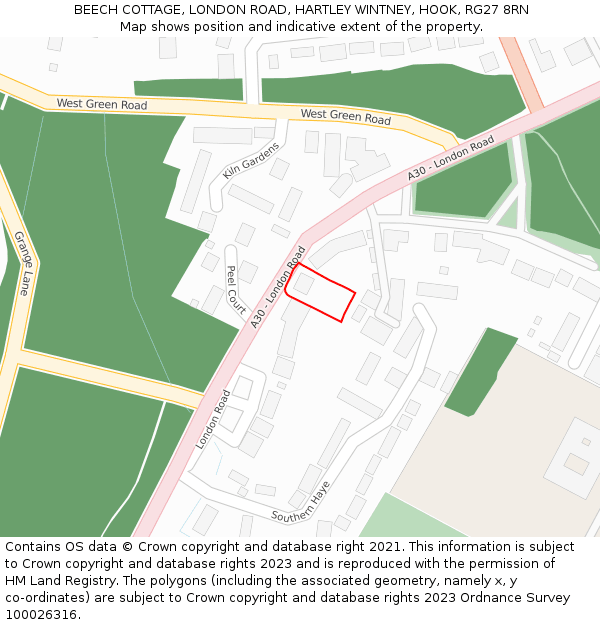 BEECH COTTAGE, LONDON ROAD, HARTLEY WINTNEY, HOOK, RG27 8RN: Location map and indicative extent of plot