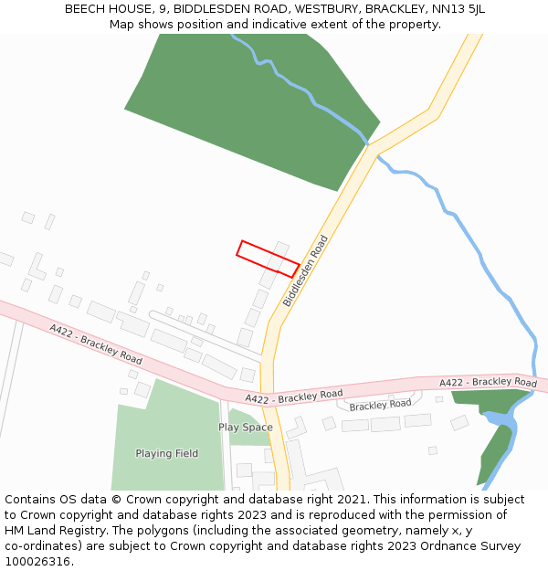 BEECH HOUSE, 9, BIDDLESDEN ROAD, WESTBURY, BRACKLEY, NN13 5JL: Location map and indicative extent of plot