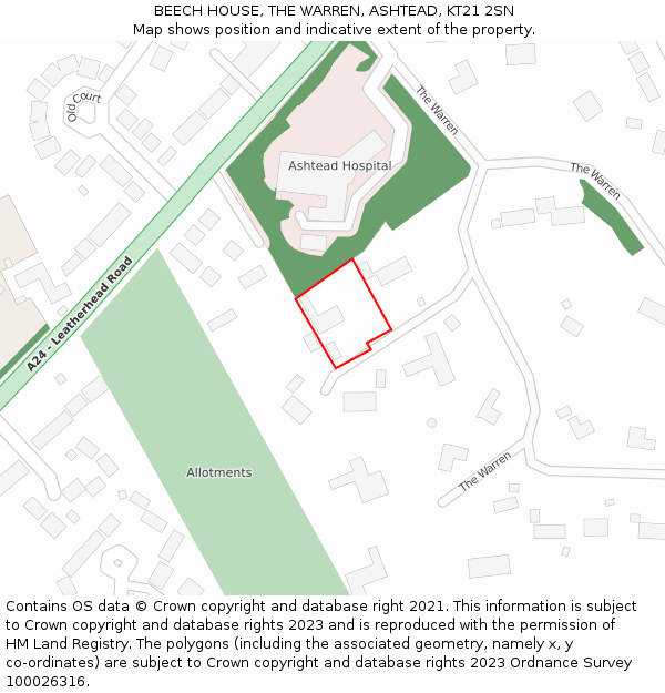 BEECH HOUSE, THE WARREN, ASHTEAD, KT21 2SN: Location map and indicative extent of plot