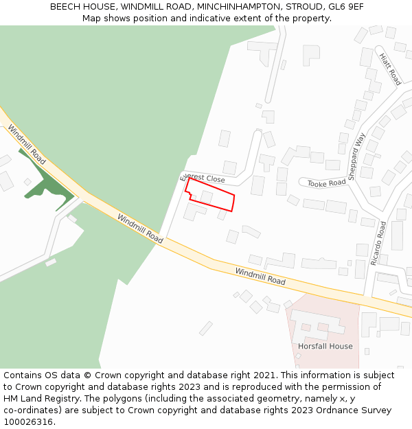 BEECH HOUSE, WINDMILL ROAD, MINCHINHAMPTON, STROUD, GL6 9EF: Location map and indicative extent of plot