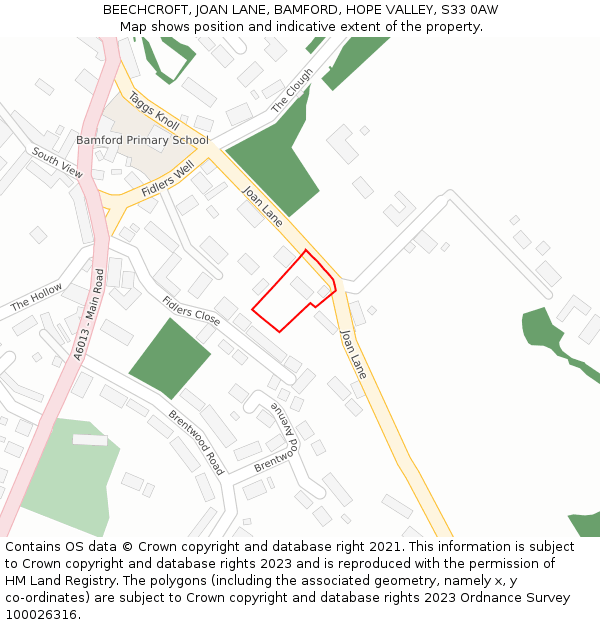 BEECHCROFT, JOAN LANE, BAMFORD, HOPE VALLEY, S33 0AW: Location map and indicative extent of plot