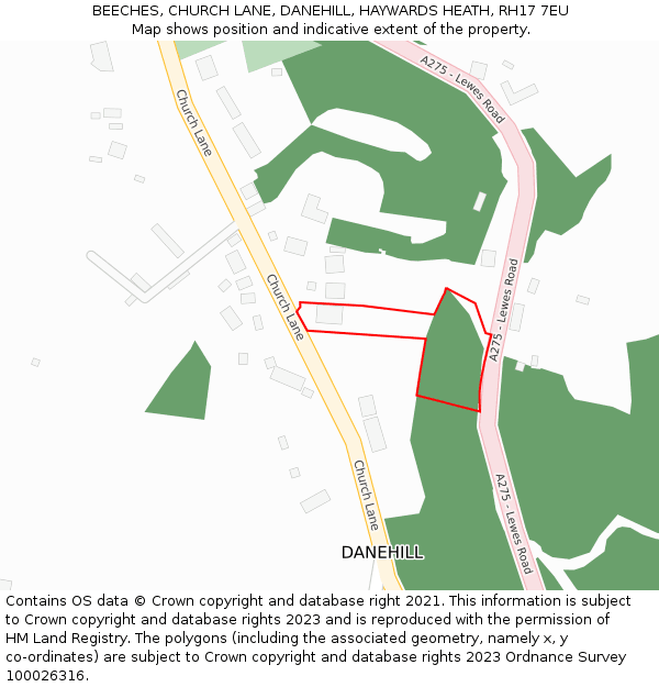 BEECHES, CHURCH LANE, DANEHILL, HAYWARDS HEATH, RH17 7EU: Location map and indicative extent of plot