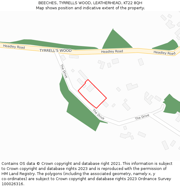 BEECHES, TYRRELLS WOOD, LEATHERHEAD, KT22 8QH: Location map and indicative extent of plot