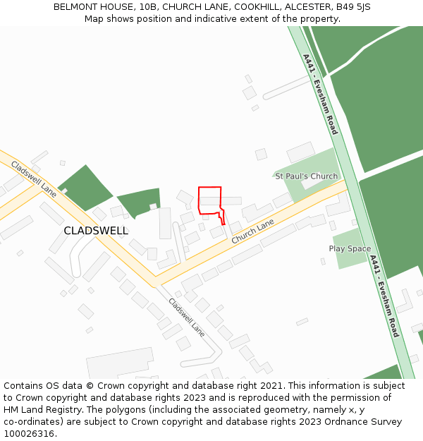 BELMONT HOUSE, 10B, CHURCH LANE, COOKHILL, ALCESTER, B49 5JS: Location map and indicative extent of plot