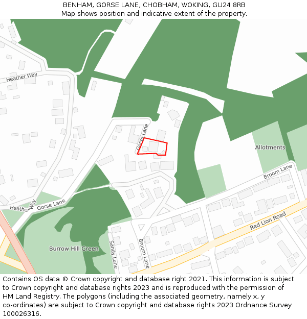 BENHAM, GORSE LANE, CHOBHAM, WOKING, GU24 8RB: Location map and indicative extent of plot
