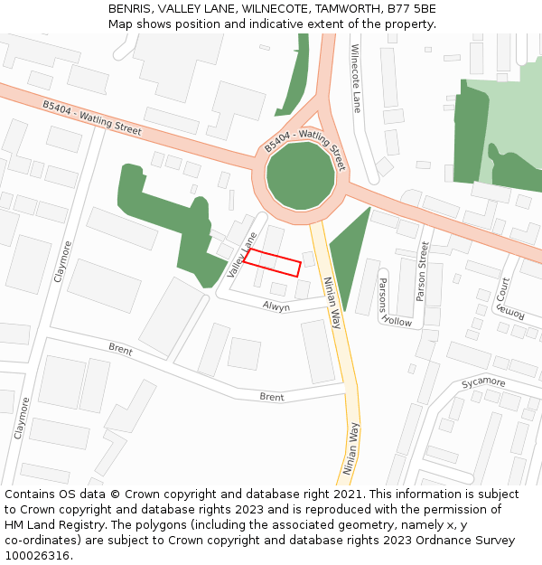 BENRIS, VALLEY LANE, WILNECOTE, TAMWORTH, B77 5BE: Location map and indicative extent of plot