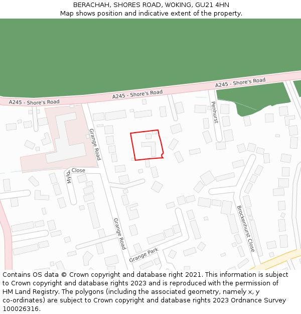 BERACHAH, SHORES ROAD, WOKING, GU21 4HN: Location map and indicative extent of plot