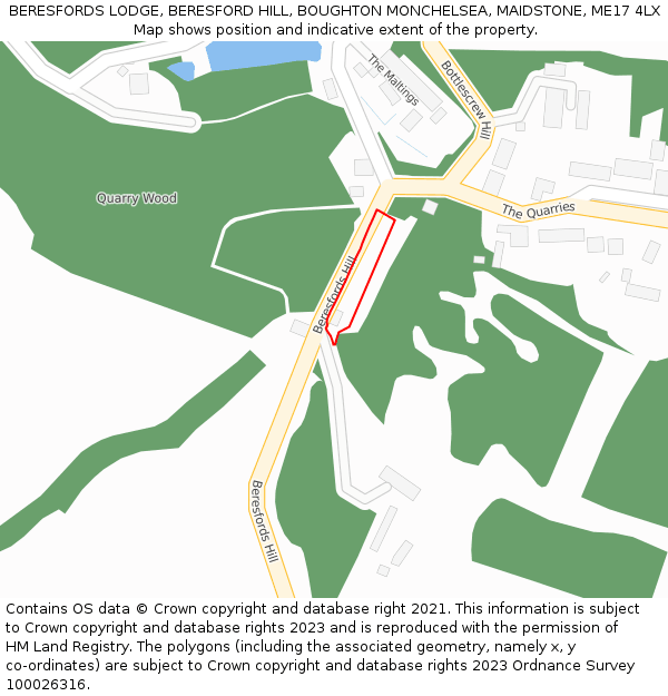 BERESFORDS LODGE, BERESFORD HILL, BOUGHTON MONCHELSEA, MAIDSTONE, ME17 4LX: Location map and indicative extent of plot