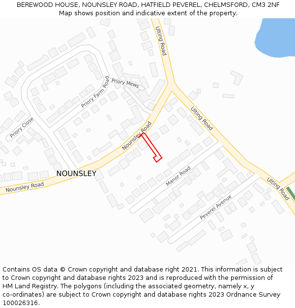 BEREWOOD HOUSE, NOUNSLEY ROAD, HATFIELD PEVEREL, CHELMSFORD, CM3 2NF: Location map and indicative extent of plot