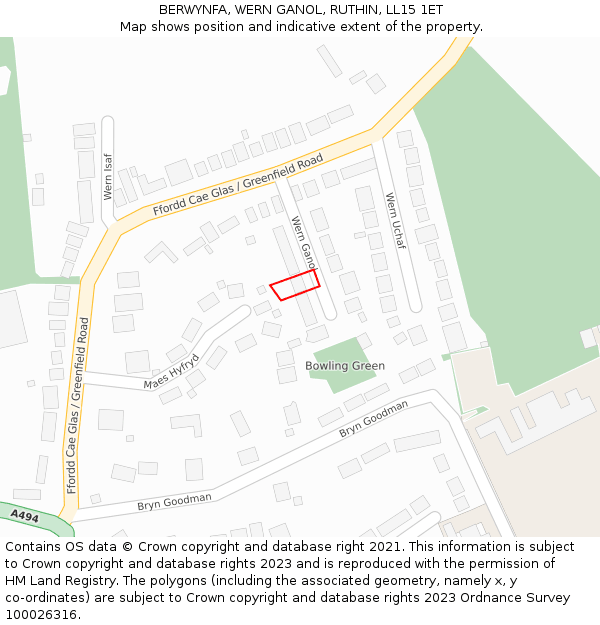 BERWYNFA, WERN GANOL, RUTHIN, LL15 1ET: Location map and indicative extent of plot