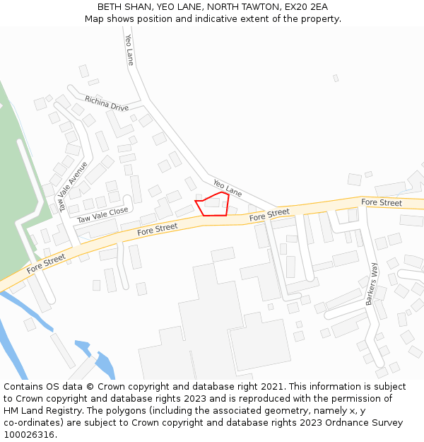 BETH SHAN, YEO LANE, NORTH TAWTON, EX20 2EA: Location map and indicative extent of plot