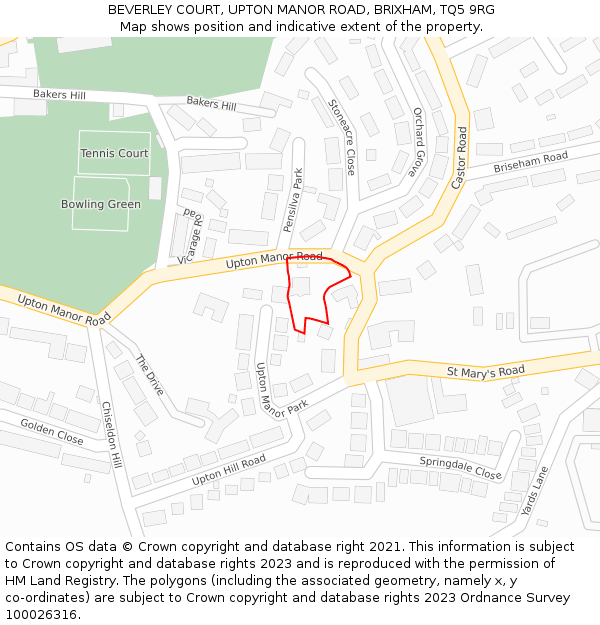 BEVERLEY COURT, UPTON MANOR ROAD, BRIXHAM, TQ5 9RG: Location map and indicative extent of plot