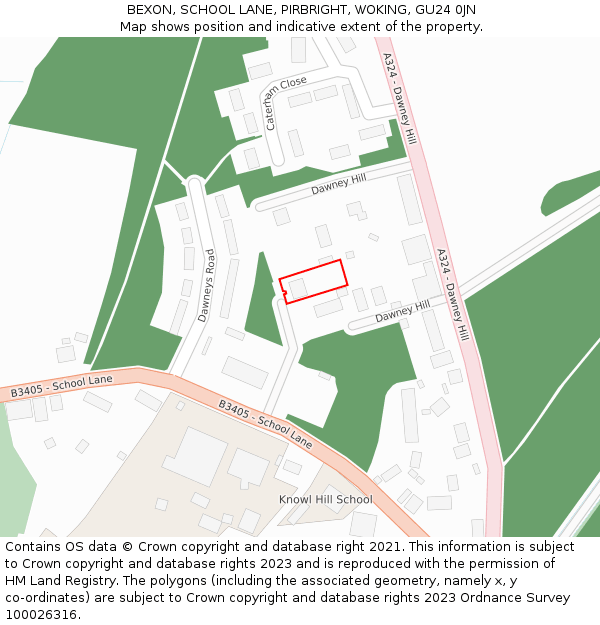 BEXON, SCHOOL LANE, PIRBRIGHT, WOKING, GU24 0JN: Location map and indicative extent of plot