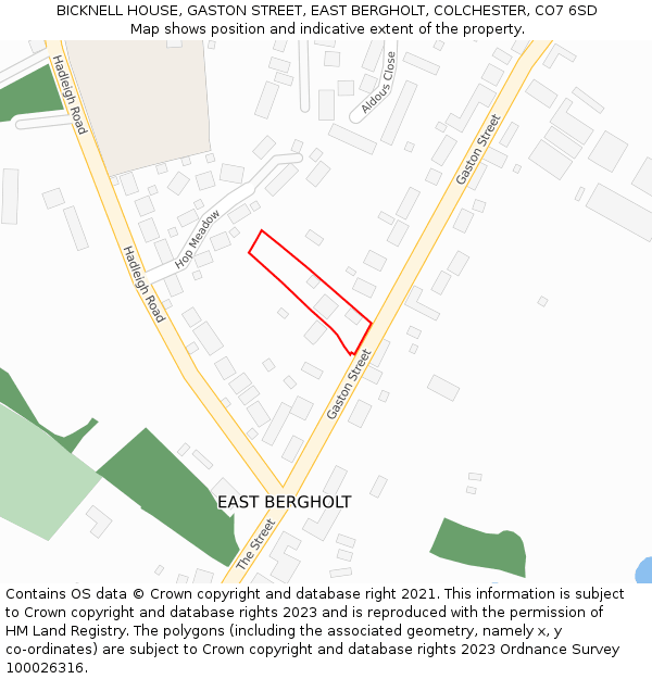 BICKNELL HOUSE, GASTON STREET, EAST BERGHOLT, COLCHESTER, CO7 6SD: Location map and indicative extent of plot