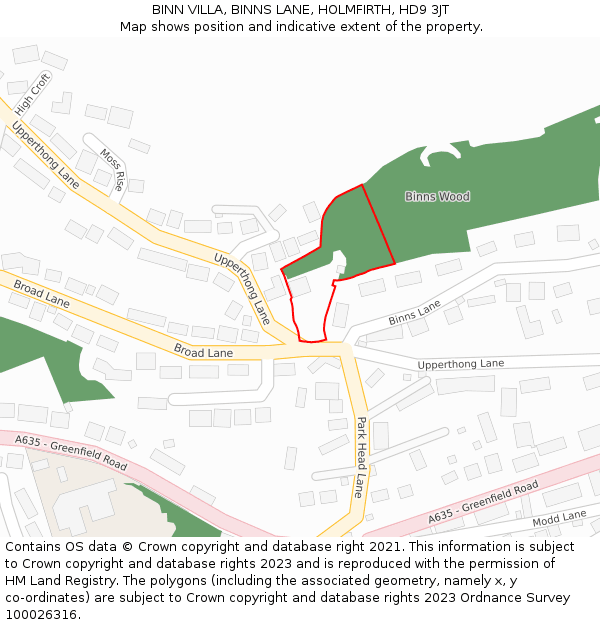 BINN VILLA, BINNS LANE, HOLMFIRTH, HD9 3JT: Location map and indicative extent of plot