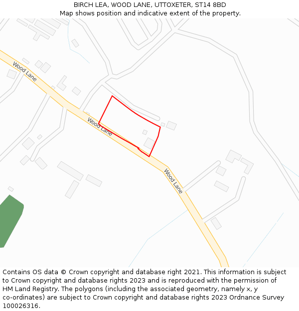 BIRCH LEA, WOOD LANE, UTTOXETER, ST14 8BD: Location map and indicative extent of plot
