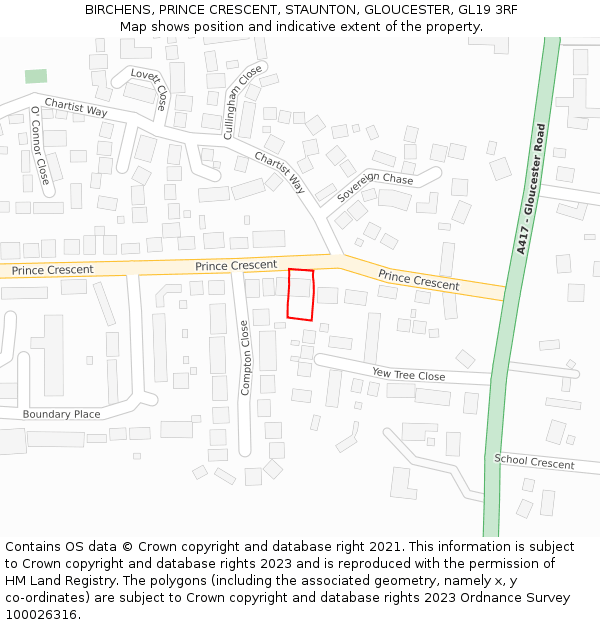 BIRCHENS, PRINCE CRESCENT, STAUNTON, GLOUCESTER, GL19 3RF: Location map and indicative extent of plot