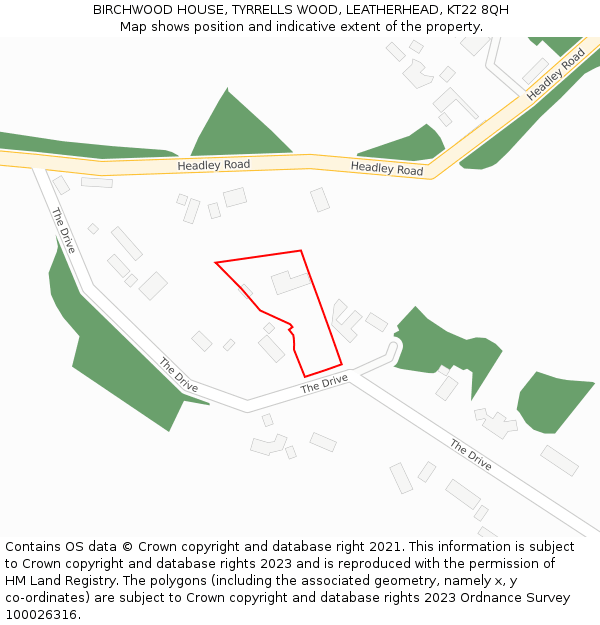 BIRCHWOOD HOUSE, TYRRELLS WOOD, LEATHERHEAD, KT22 8QH: Location map and indicative extent of plot
