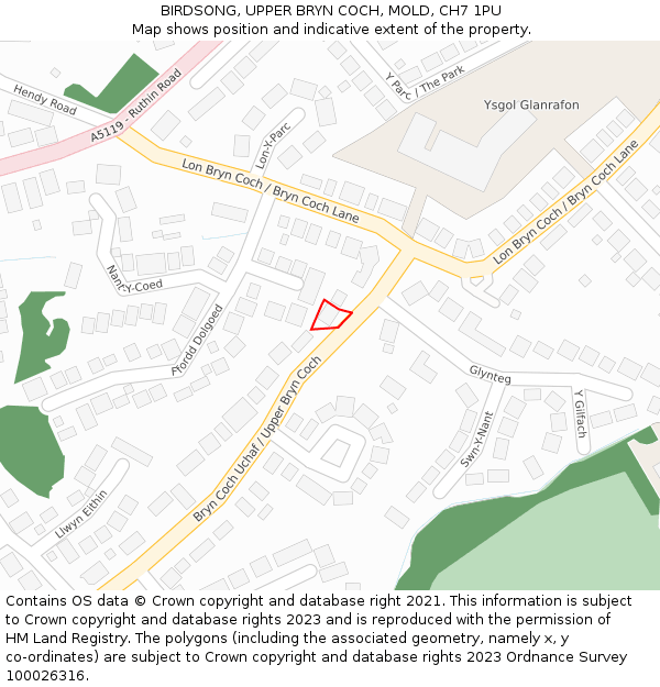 BIRDSONG, UPPER BRYN COCH, MOLD, CH7 1PU: Location map and indicative extent of plot