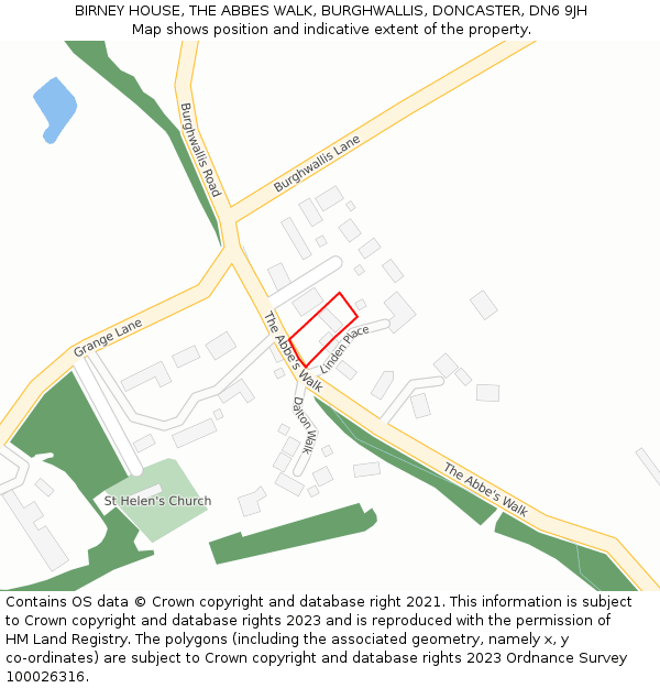 BIRNEY HOUSE, THE ABBES WALK, BURGHWALLIS, DONCASTER, DN6 9JH: Location map and indicative extent of plot