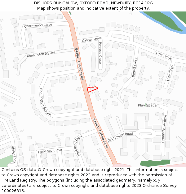 BISHOPS BUNGALOW, OXFORD ROAD, NEWBURY, RG14 1PG: Location map and indicative extent of plot