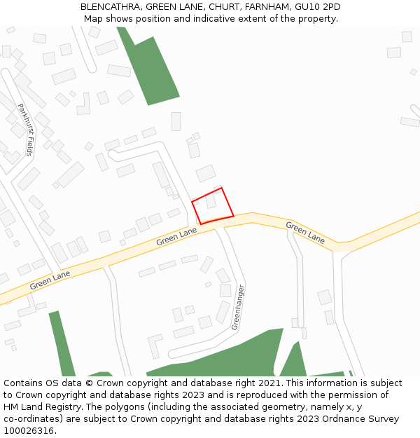 BLENCATHRA, GREEN LANE, CHURT, FARNHAM, GU10 2PD: Location map and indicative extent of plot