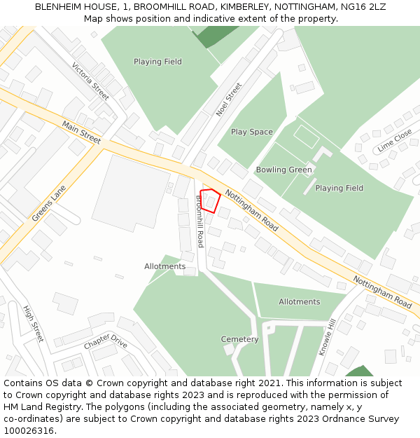 BLENHEIM HOUSE, 1, BROOMHILL ROAD, KIMBERLEY, NOTTINGHAM, NG16 2LZ: Location map and indicative extent of plot