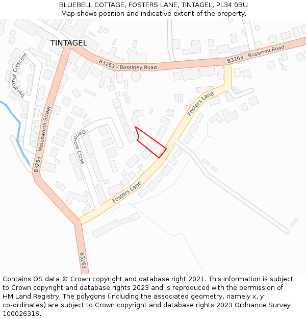 BLUEBELL COTTAGE, FOSTERS LANE, TINTAGEL, PL34 0BU: Location map and indicative extent of plot