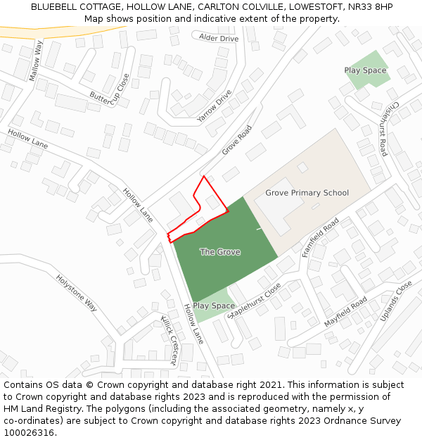 BLUEBELL COTTAGE, HOLLOW LANE, CARLTON COLVILLE, LOWESTOFT, NR33 8HP: Location map and indicative extent of plot