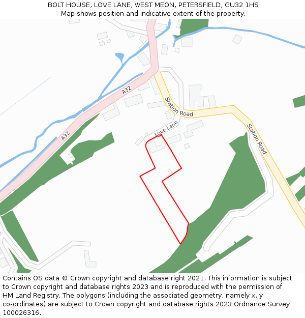 BOLT HOUSE, LOVE LANE, WEST MEON, PETERSFIELD, GU32 1HS: Location map and indicative extent of plot