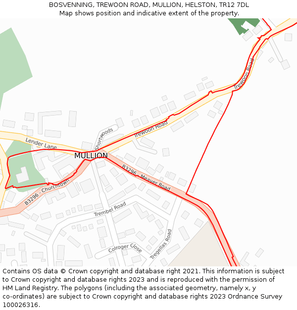 BOSVENNING, TREWOON ROAD, MULLION, HELSTON, TR12 7DL: Location map and indicative extent of plot
