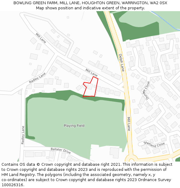 BOWLING GREEN FARM, MILL LANE, HOUGHTON GREEN, WARRINGTON, WA2 0SX: Location map and indicative extent of plot