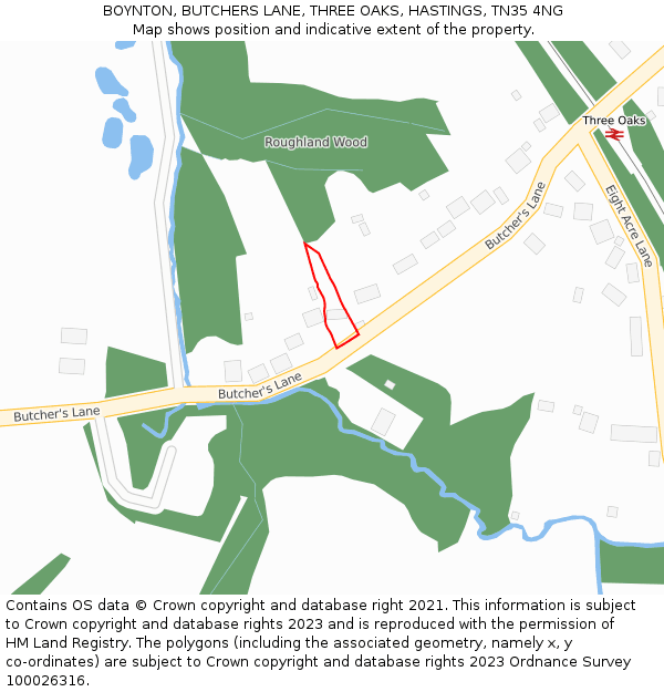 BOYNTON, BUTCHERS LANE, THREE OAKS, HASTINGS, TN35 4NG: Location map and indicative extent of plot