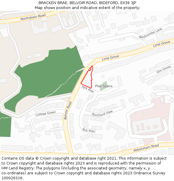 BRACKEN BRAE, BELVOIR ROAD, BIDEFORD, EX39 3JP: Location map and indicative extent of plot