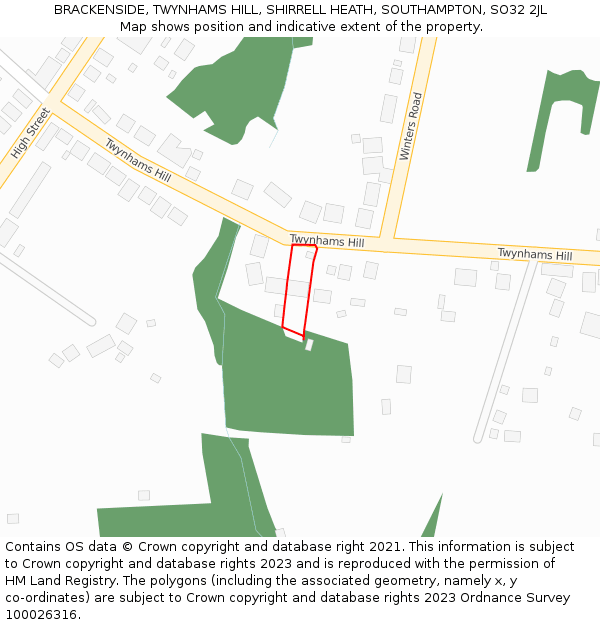 BRACKENSIDE, TWYNHAMS HILL, SHIRRELL HEATH, SOUTHAMPTON, SO32 2JL: Location map and indicative extent of plot