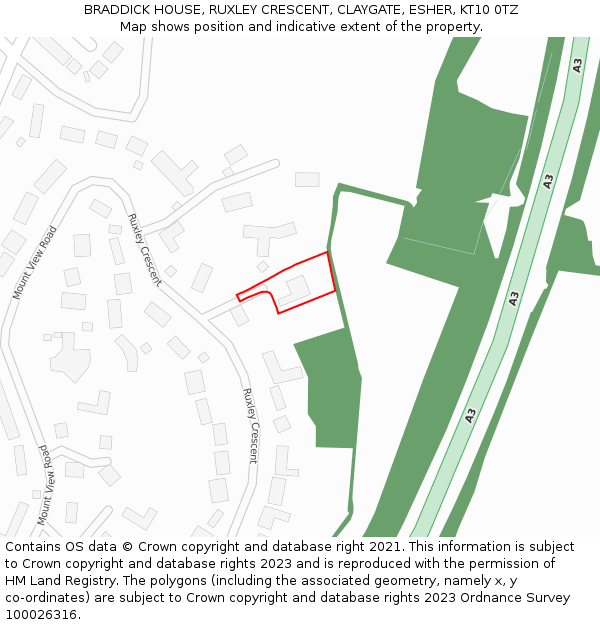 BRADDICK HOUSE, RUXLEY CRESCENT, CLAYGATE, ESHER, KT10 0TZ: Location map and indicative extent of plot