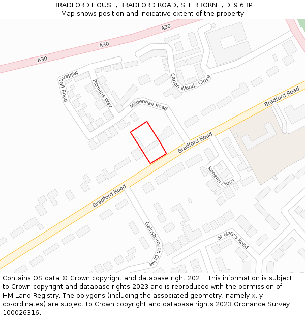 BRADFORD HOUSE, BRADFORD ROAD, SHERBORNE, DT9 6BP: Location map and indicative extent of plot