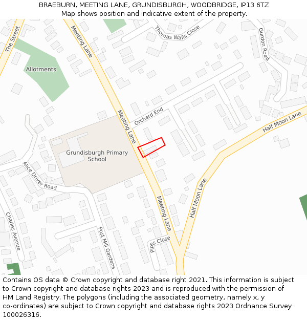 BRAEBURN, MEETING LANE, GRUNDISBURGH, WOODBRIDGE, IP13 6TZ: Location map and indicative extent of plot