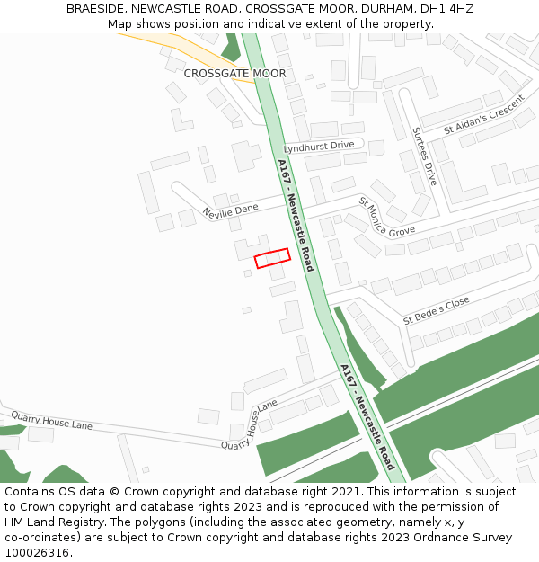 BRAESIDE, NEWCASTLE ROAD, CROSSGATE MOOR, DURHAM, DH1 4HZ: Location map and indicative extent of plot