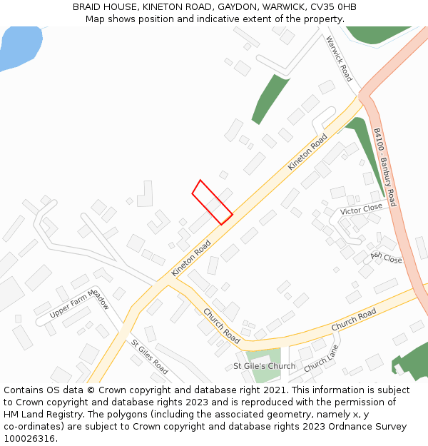 BRAID HOUSE, KINETON ROAD, GAYDON, WARWICK, CV35 0HB: Location map and indicative extent of plot