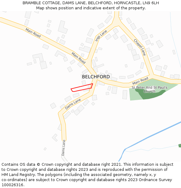 BRAMBLE COTTAGE, DAMS LANE, BELCHFORD, HORNCASTLE, LN9 6LH: Location map and indicative extent of plot