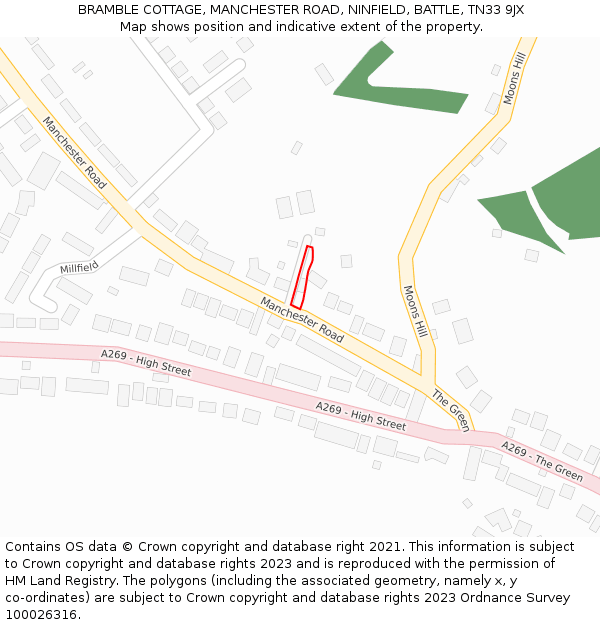 BRAMBLE COTTAGE, MANCHESTER ROAD, NINFIELD, BATTLE, TN33 9JX: Location map and indicative extent of plot