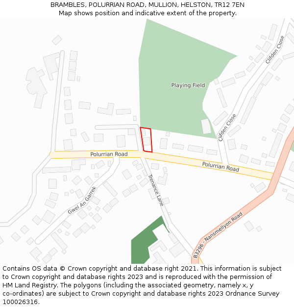 BRAMBLES, POLURRIAN ROAD, MULLION, HELSTON, TR12 7EN: Location map and indicative extent of plot