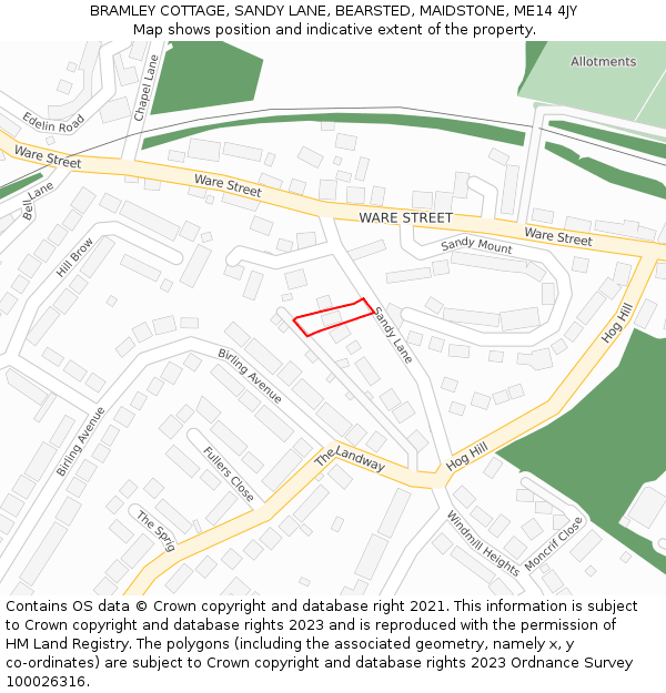 BRAMLEY COTTAGE, SANDY LANE, BEARSTED, MAIDSTONE, ME14 4JY: Location map and indicative extent of plot