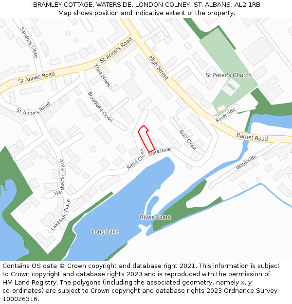 BRAMLEY COTTAGE, WATERSIDE, LONDON COLNEY, ST. ALBANS, AL2 1RB: Location map and indicative extent of plot