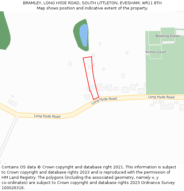 BRAMLEY, LONG HYDE ROAD, SOUTH LITTLETON, EVESHAM, WR11 8TH: Location map and indicative extent of plot