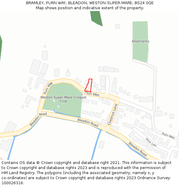 BRAMLEY, PURN WAY, BLEADON, WESTON-SUPER-MARE, BS24 0QE: Location map and indicative extent of plot