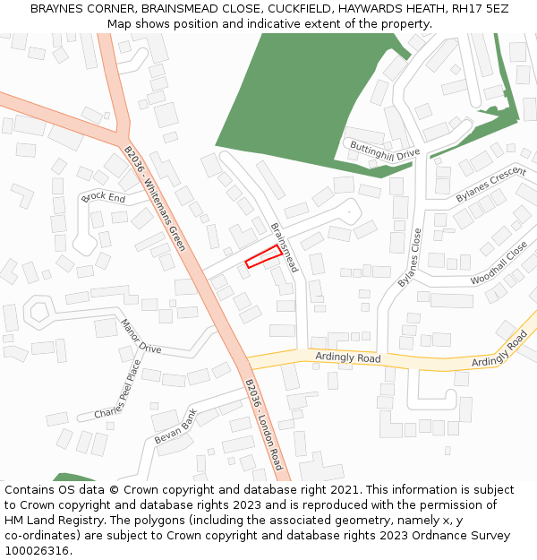 BRAYNES CORNER, BRAINSMEAD CLOSE, CUCKFIELD, HAYWARDS HEATH, RH17 5EZ: Location map and indicative extent of plot
