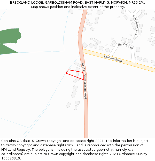 BRECKLAND LODGE, GARBOLDISHAM ROAD, EAST HARLING, NORWICH, NR16 2PU: Location map and indicative extent of plot